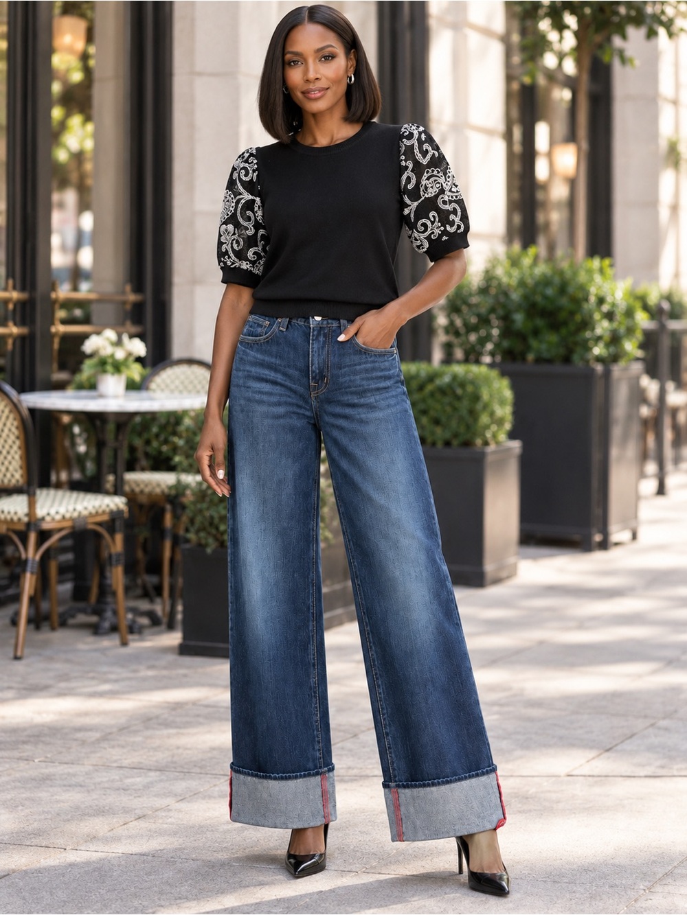 La Vila Milano Black Knit Top with Embroidered Sleeves.